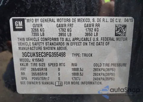 2015 Chevrolet Silverado 1500 2Lz из США, поврежденный, VIN 3GCUKSEC3FG355498